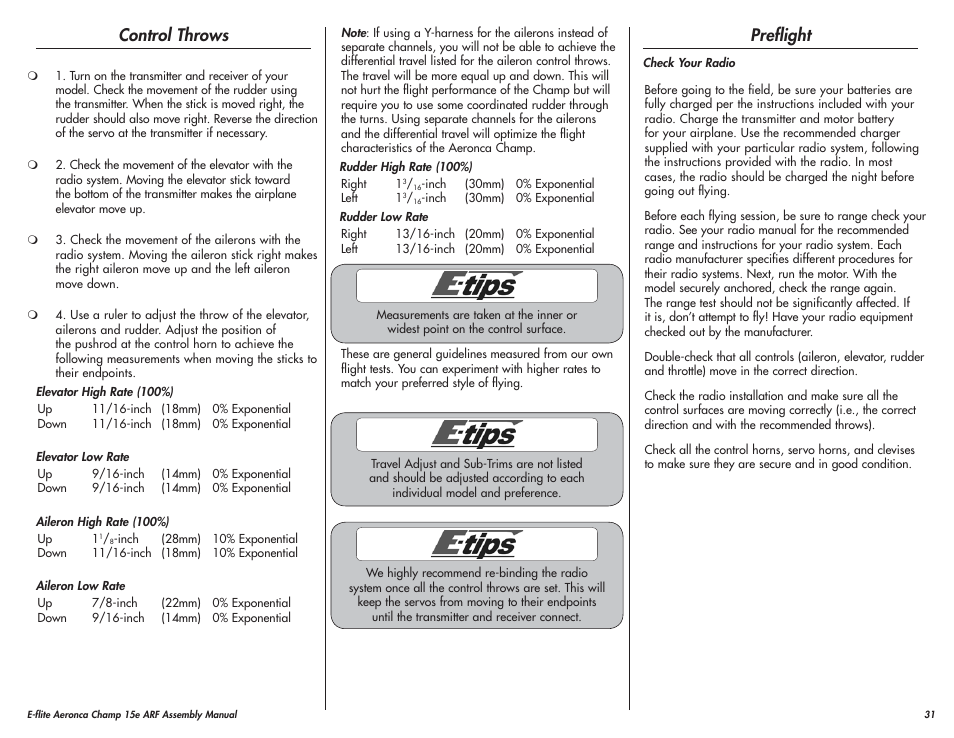 Control throws, Preflight | E-flite Aeronca Champ 15e ARF User Manual | Page 31 / 36