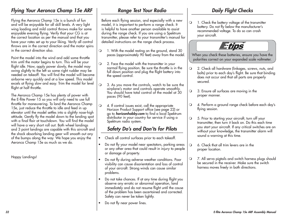 Flying your aeronca champ 15e arf, Range test your radio, Safety do’s and don’ts for pilots | Daily flight checks | E-flite Aeronca Champ 15e ARF User Manual | Page 32 / 36