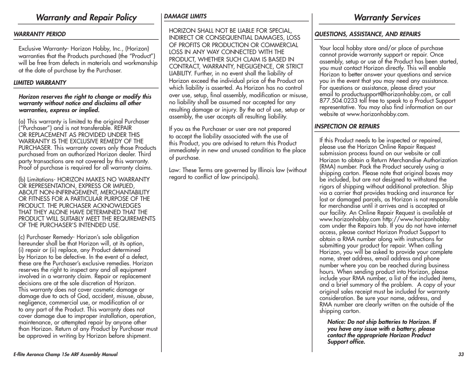 Warranty and repair policy, Warranty services | E-flite Aeronca Champ 15e ARF User Manual | Page 33 / 36