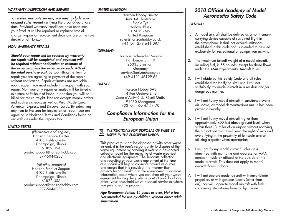 Compliance information for the european union | E-flite Aeronca Champ 15e ARF User Manual | Page 34 / 36