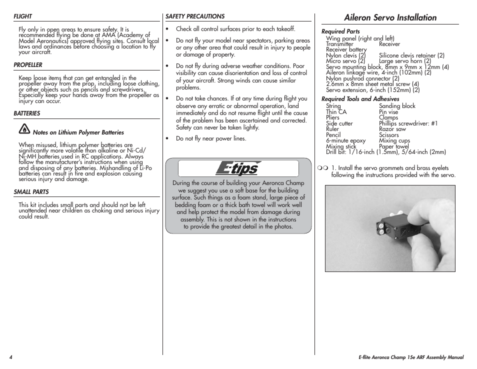 Aileron servo installation | E-flite Aeronca Champ 15e ARF User Manual | Page 4 / 36
