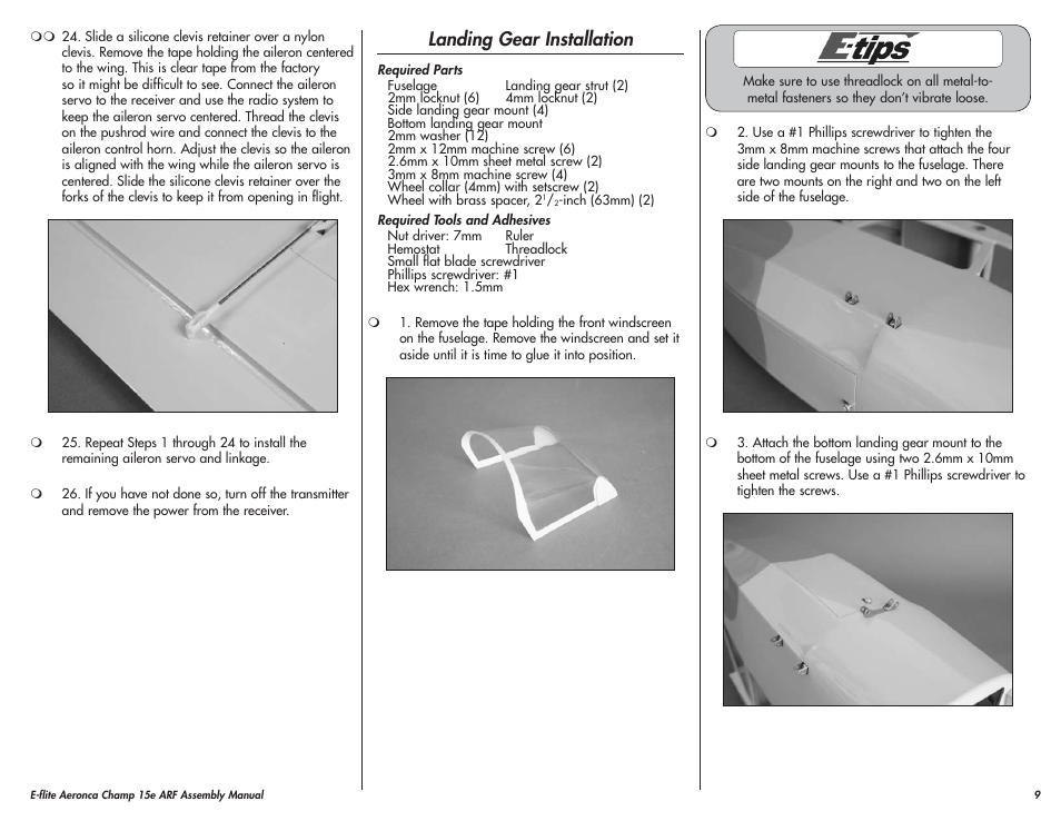 Landing gear installation | E-flite Aeronca Champ 15e ARF User Manual | Page 9 / 36
