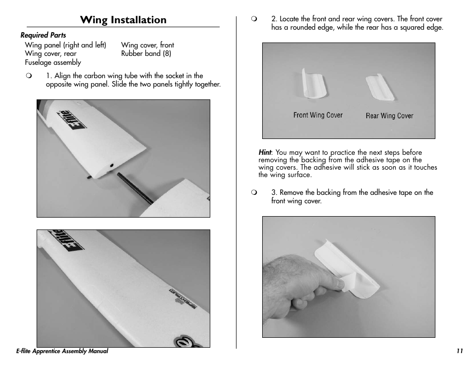 Wing installation | E-flite Apprentice 15e RTF with DX5e Radio User Manual | Page 11 / 48