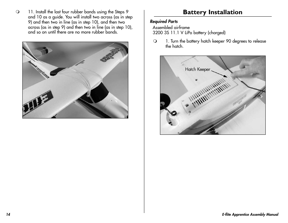 Battery installation | E-flite Apprentice 15e RTF with DX5e Radio User Manual | Page 14 / 48