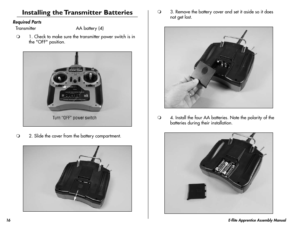 Installing the transmitter batteries | E-flite Apprentice 15e RTF with DX5e Radio User Manual | Page 16 / 48