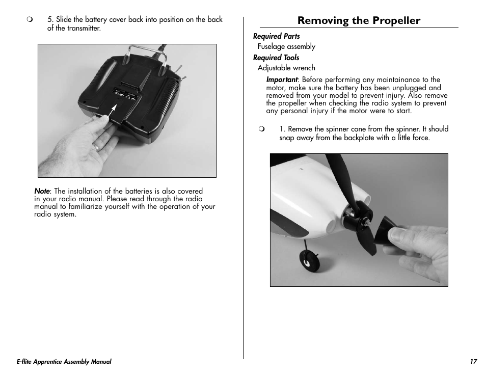 Removing the propeller | E-flite Apprentice 15e RTF with DX5e Radio User Manual | Page 17 / 48