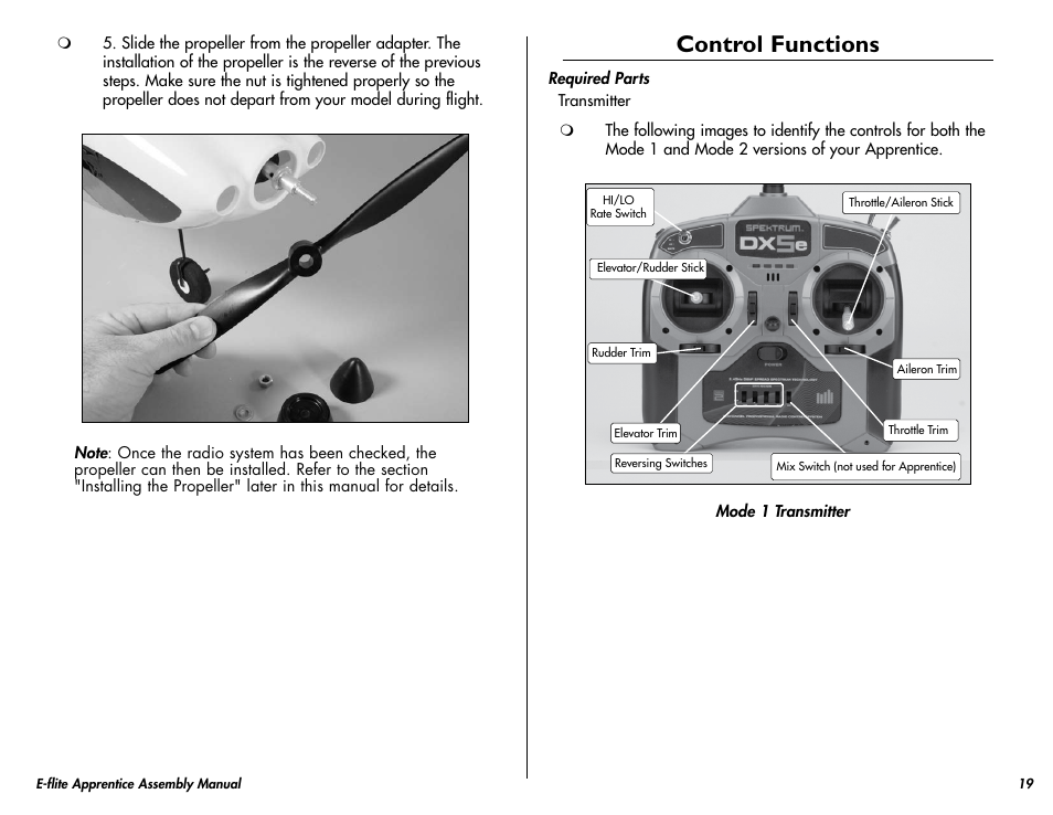 Control functions | E-flite Apprentice 15e RTF with DX5e Radio User Manual | Page 19 / 48