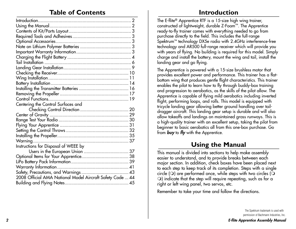 E-flite Apprentice 15e RTF with DX5e Radio User Manual | Page 2 / 48