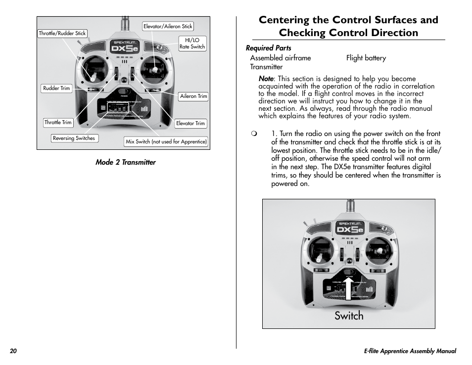 Switch | E-flite Apprentice 15e RTF with DX5e Radio User Manual | Page 20 / 48