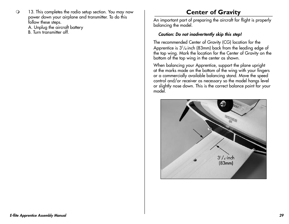 Center of gravity | E-flite Apprentice 15e RTF with DX5e Radio User Manual | Page 29 / 48