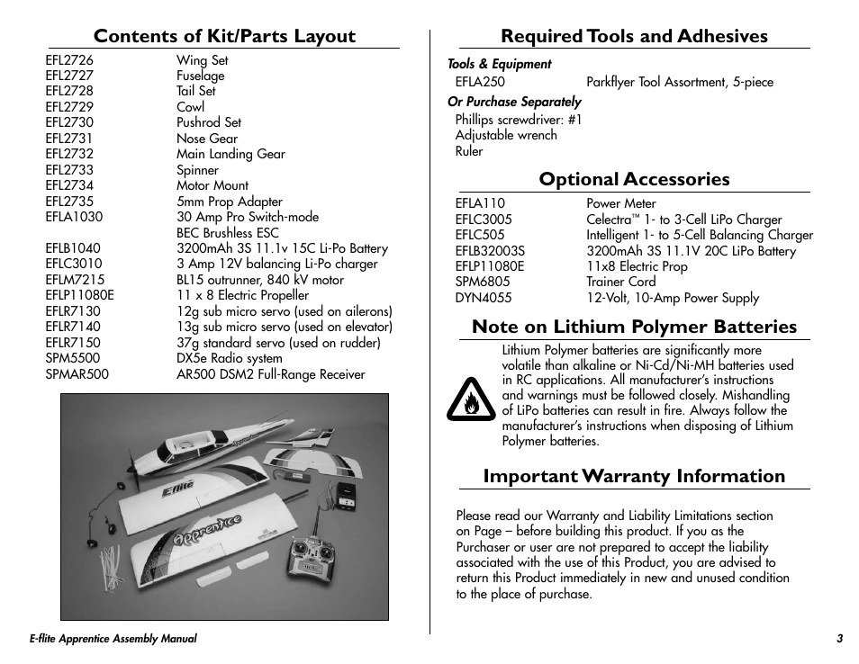 Contents of kit/parts layout, Required tools and adhesives, Optional accessories | Note on lithium polymer batteries, Important warranty information | E-flite Apprentice 15e RTF with DX5e Radio User Manual | Page 3 / 48