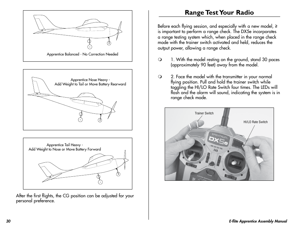 Range test your radio | E-flite Apprentice 15e RTF with DX5e Radio User Manual | Page 30 / 48