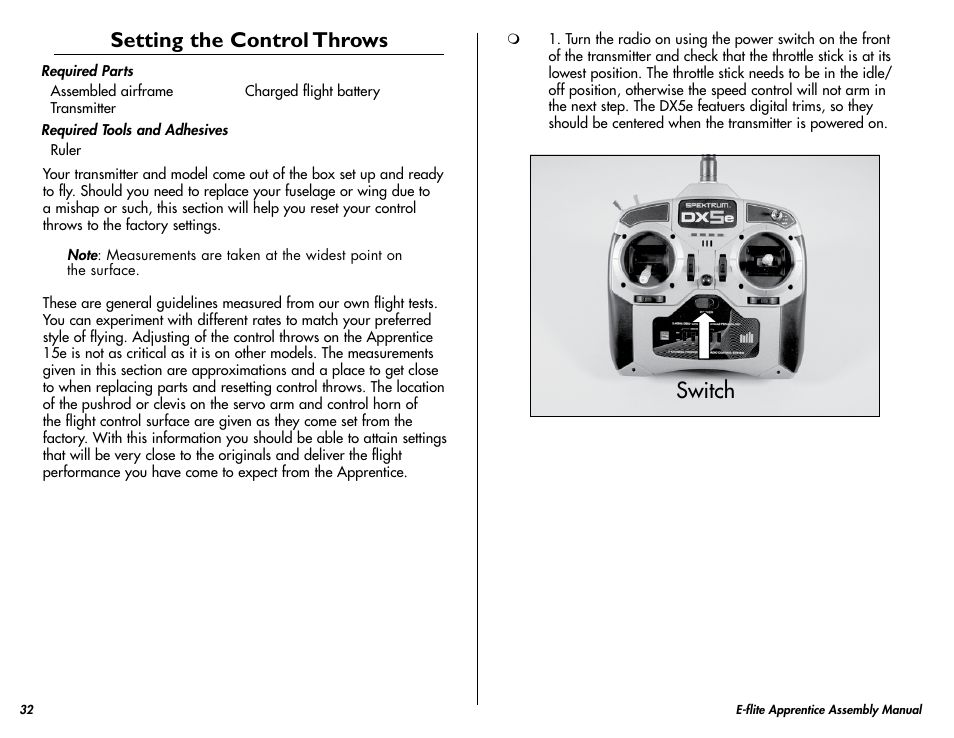 Setting the control throws, Switch | E-flite Apprentice 15e RTF with DX5e Radio User Manual | Page 32 / 48