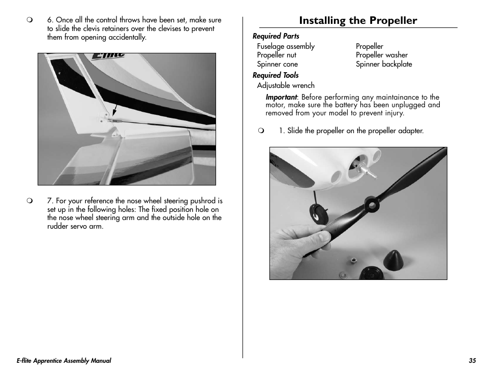 Installing the propeller | E-flite Apprentice 15e RTF with DX5e Radio User Manual | Page 35 / 48