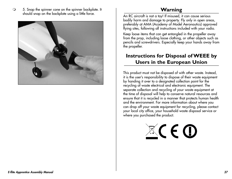 Warning | E-flite Apprentice 15e RTF with DX5e Radio User Manual | Page 37 / 48