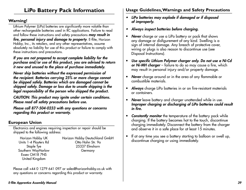 Lipo battery pack information | E-flite Apprentice 15e RTF with DX5e Radio User Manual | Page 39 / 48