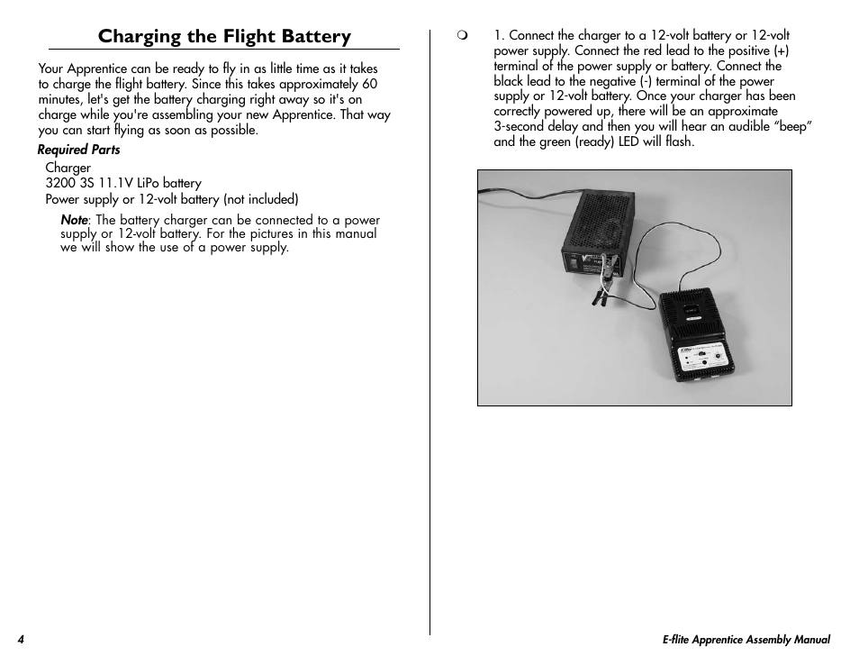 Charging the flight battery | E-flite Apprentice 15e RTF with DX5e Radio User Manual | Page 4 / 48