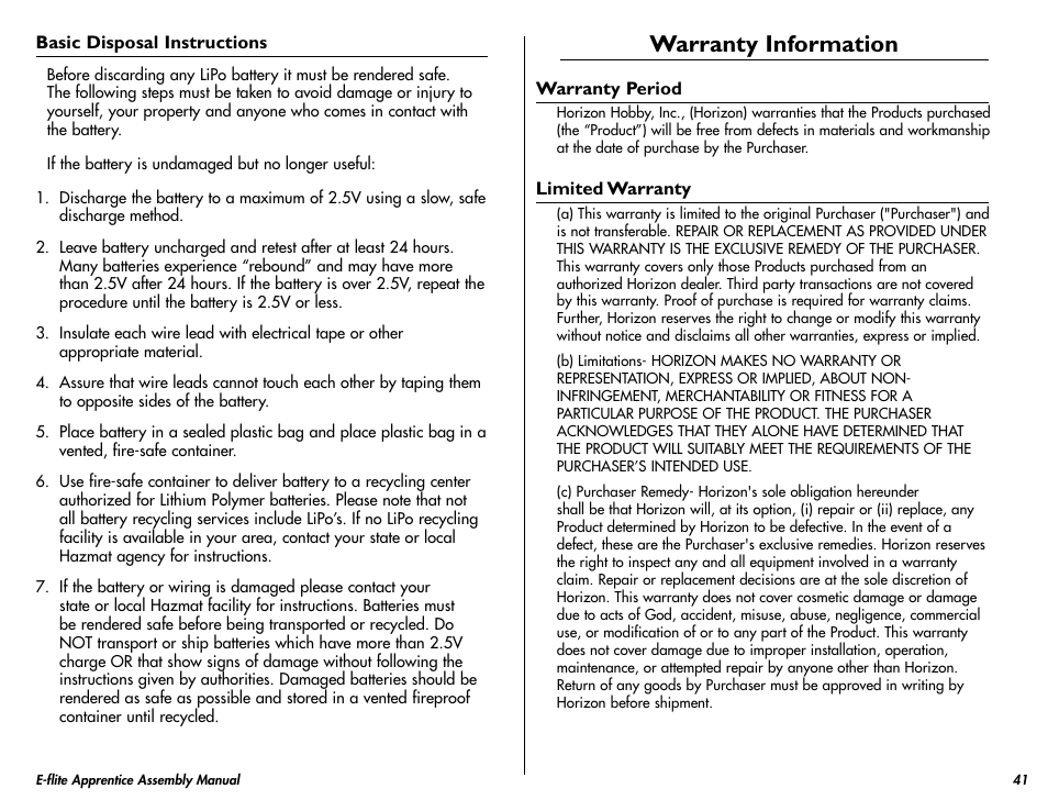 Warranty information | E-flite Apprentice 15e RTF with DX5e Radio User Manual | Page 41 / 48