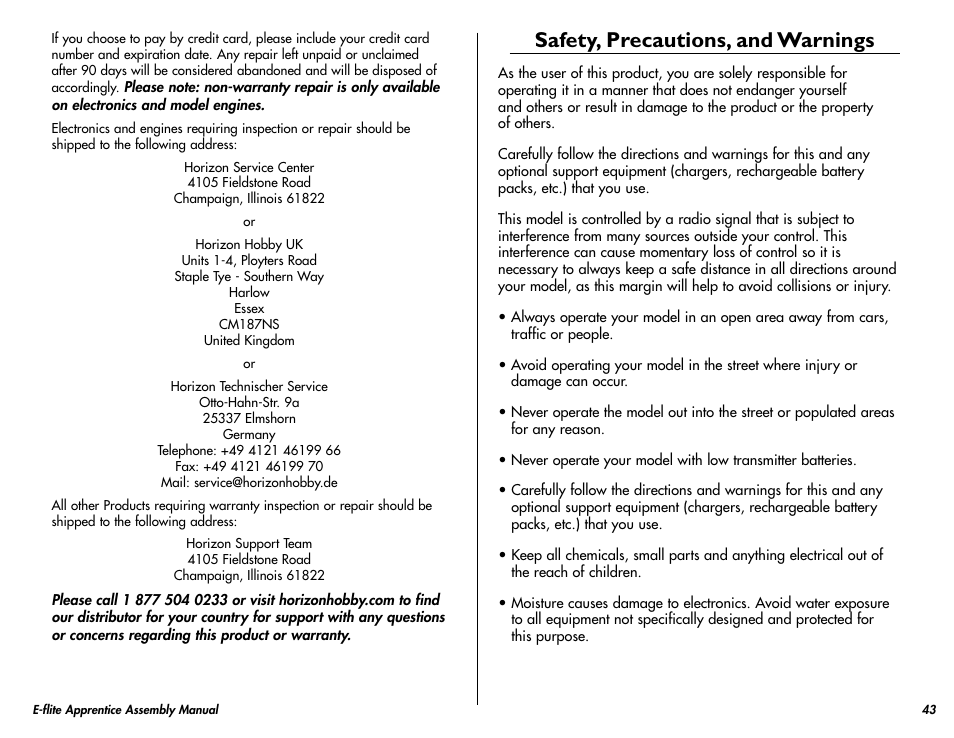 Safety, precautions, and warnings | E-flite Apprentice 15e RTF with DX5e Radio User Manual | Page 43 / 48