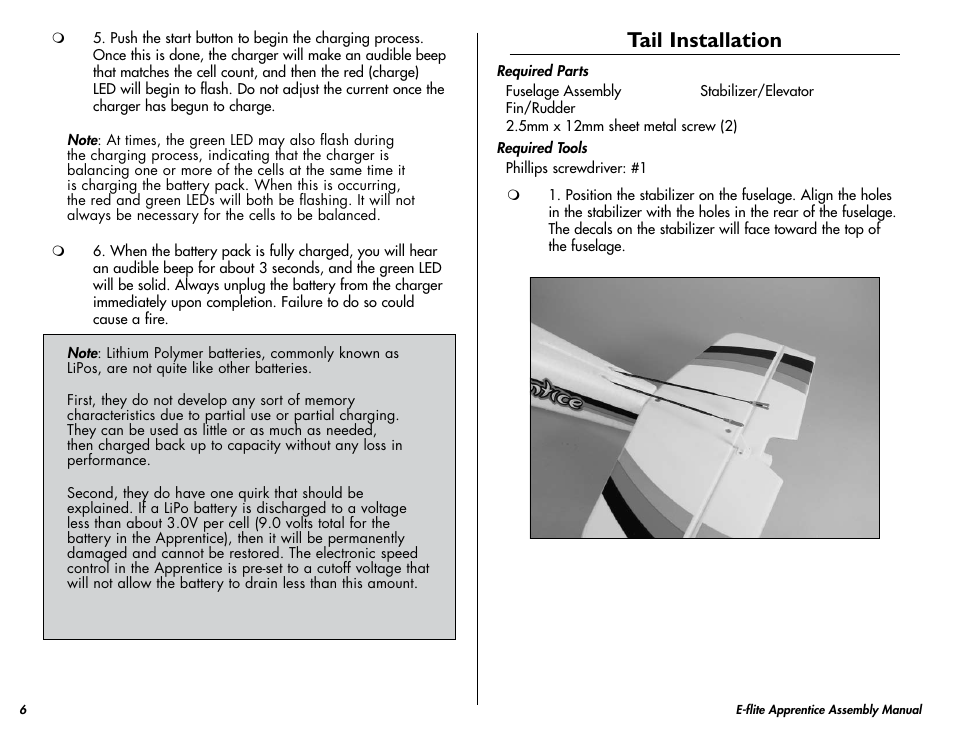 Tail installation | E-flite Apprentice 15e RTF with DX5e Radio User Manual | Page 6 / 48