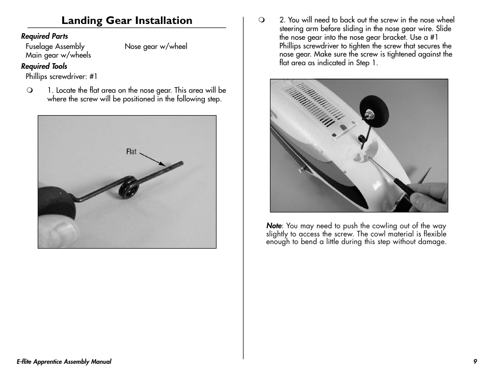 Landing gear installation | E-flite Apprentice 15e RTF with DX5e Radio User Manual | Page 9 / 48