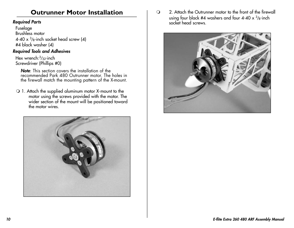 Outrunner motor installation | E-flite Extra 260 3D 480 ARF User Manual | Page 10 / 36