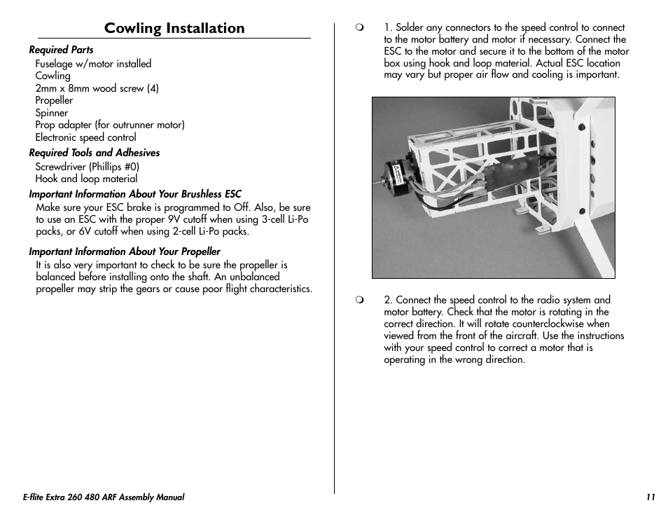 Cowling installation | E-flite Extra 260 3D 480 ARF User Manual | Page 11 / 36