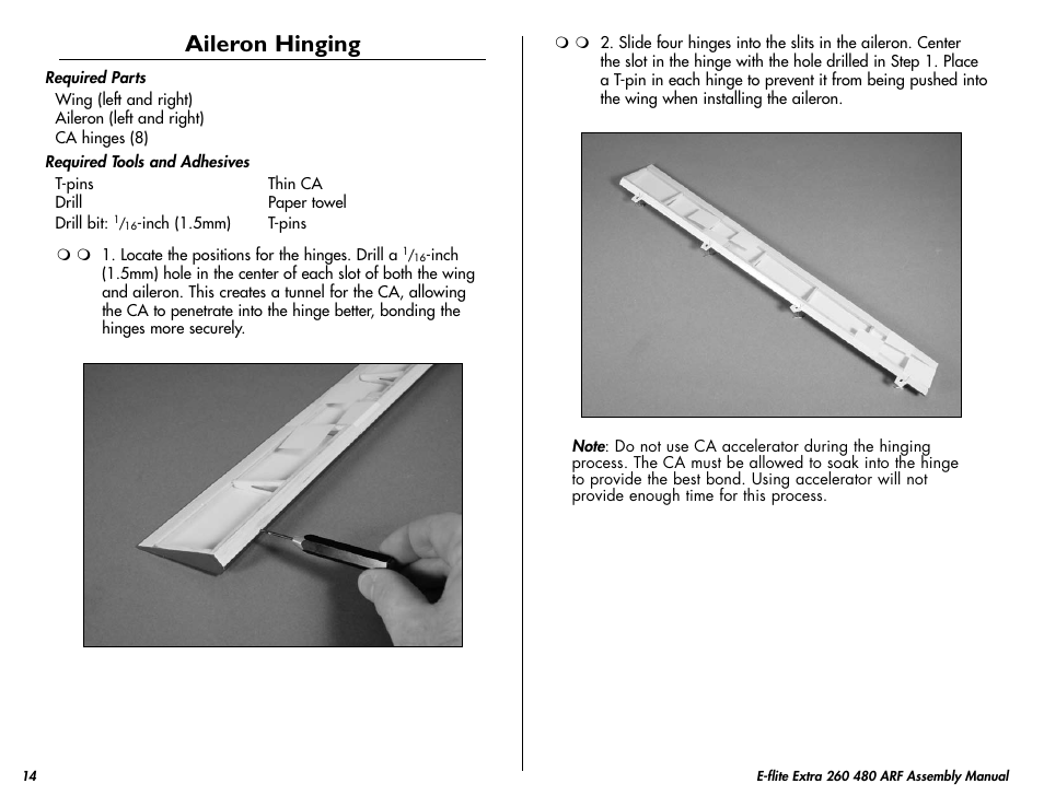 Aileron hinging | E-flite Extra 260 3D 480 ARF User Manual | Page 14 / 36