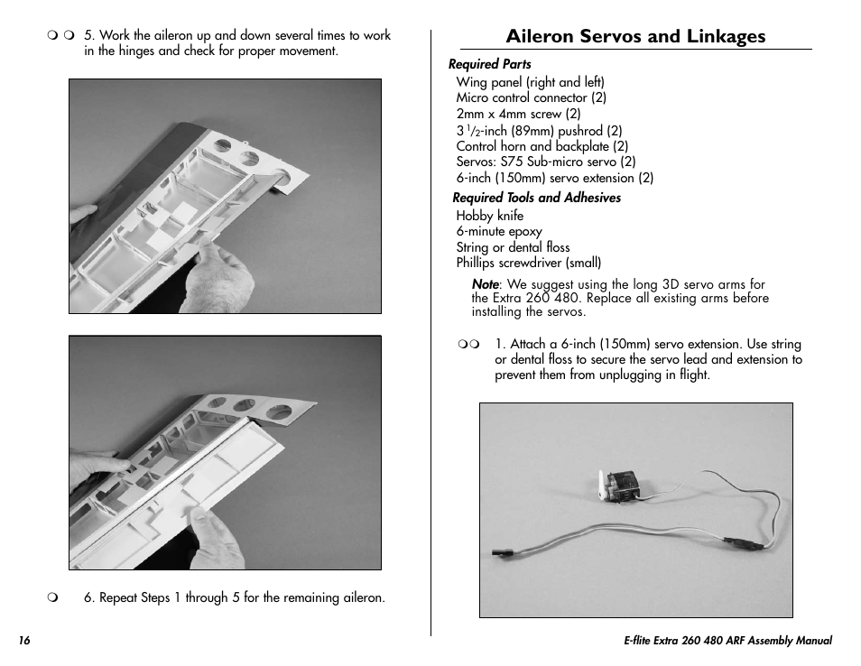 Aileron servos and linkages | E-flite Extra 260 3D 480 ARF User Manual | Page 16 / 36