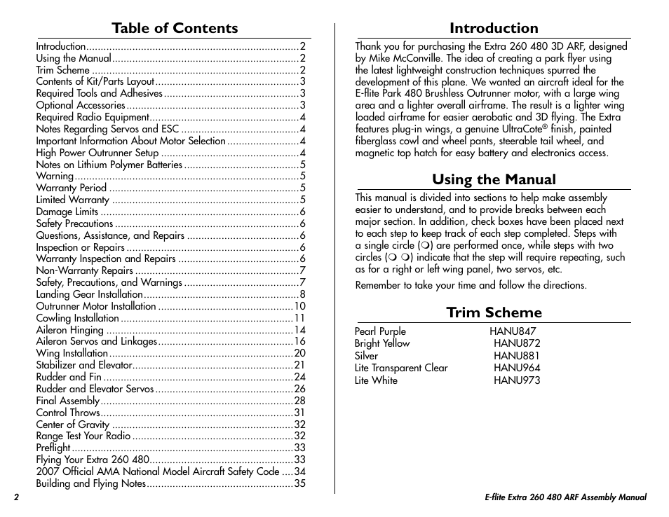 E-flite Extra 260 3D 480 ARF User Manual | Page 2 / 36