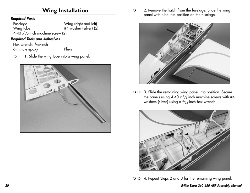 Wing installation | E-flite Extra 260 3D 480 ARF User Manual | Page 20 / 36