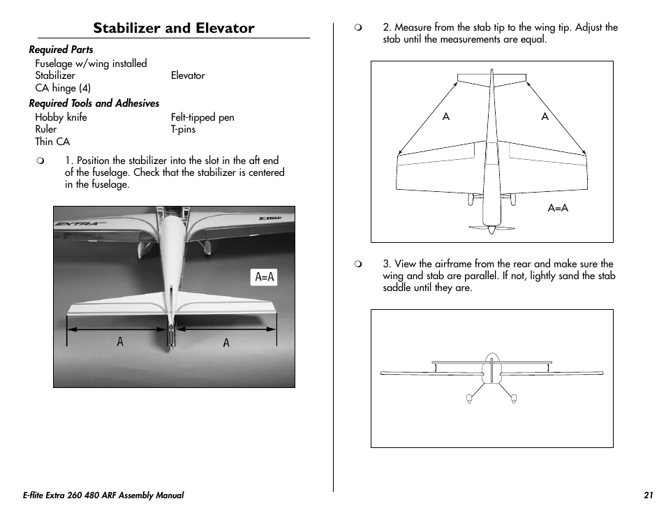 Stabilizer and elevator | E-flite Extra 260 3D 480 ARF User Manual | Page 21 / 36