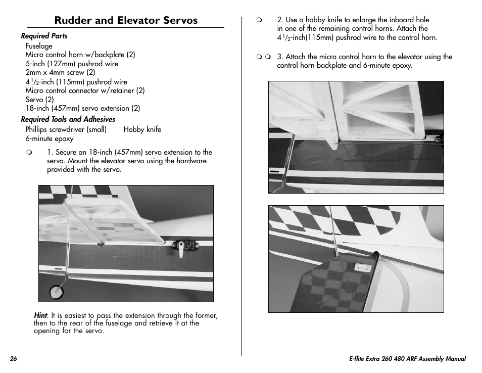 Rudder and elevator servos | E-flite Extra 260 3D 480 ARF User Manual | Page 26 / 36
