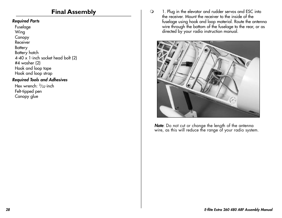 Final assembly | E-flite Extra 260 3D 480 ARF User Manual | Page 28 / 36
