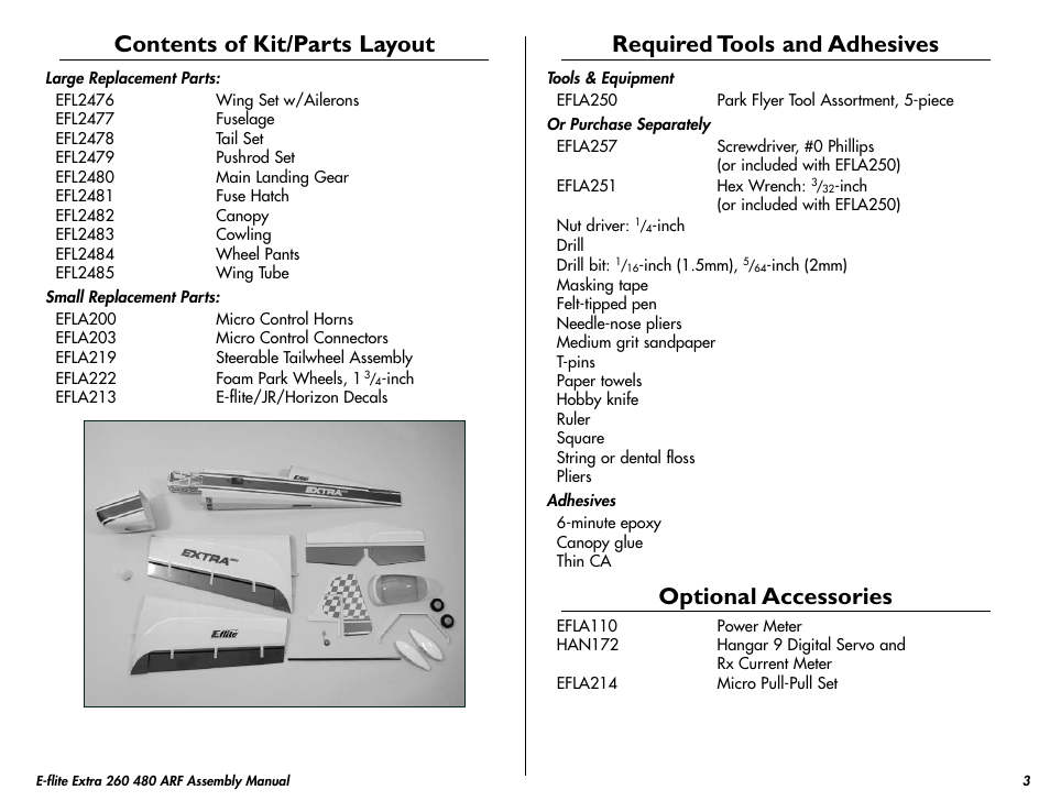 Contents of kit/parts layout, Required tools and adhesives, Optional accessories | E-flite Extra 260 3D 480 ARF User Manual | Page 3 / 36