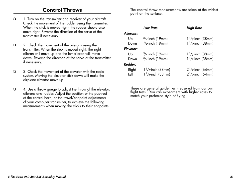 Control throws | E-flite Extra 260 3D 480 ARF User Manual | Page 31 / 36