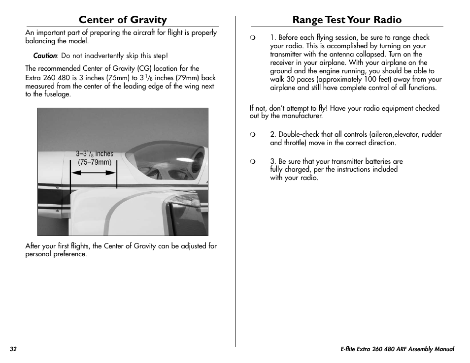 Center of gravity, Range test your radio | E-flite Extra 260 3D 480 ARF User Manual | Page 32 / 36