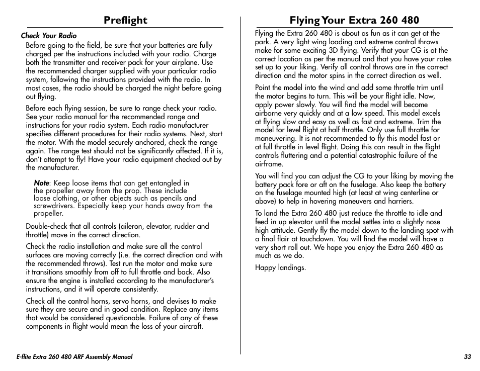 Preflight, Flying your extra 260 480 | E-flite Extra 260 3D 480 ARF User Manual | Page 33 / 36