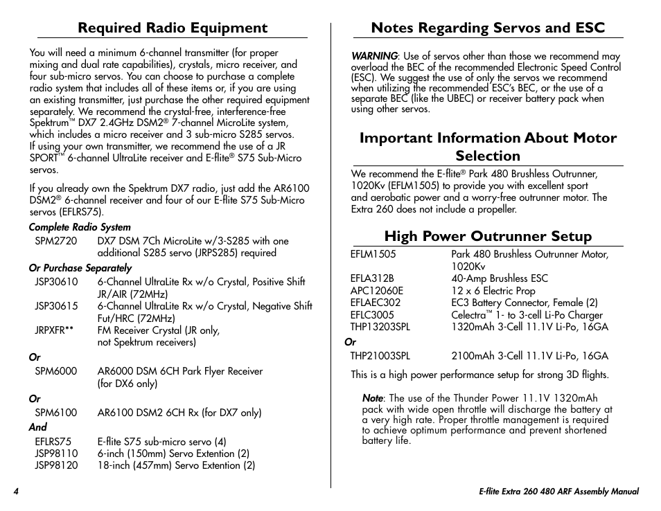 Required radio equipment, Notes regarding servos and esc, Important information about motor selection | High power outrunner setup | E-flite Extra 260 3D 480 ARF User Manual | Page 4 / 36