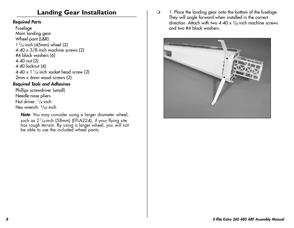 Landing gear installation | E-flite Extra 260 3D 480 ARF User Manual | Page 8 / 36