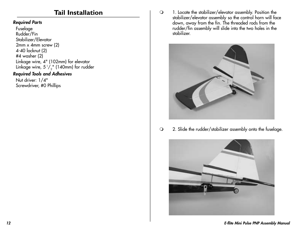 Tail installation | E-flite Mini Pulse XT PNP User Manual | Page 12 / 20