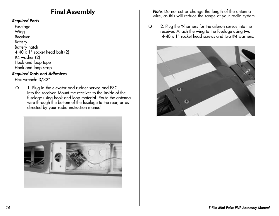 Final assembly | E-flite Mini Pulse XT PNP User Manual | Page 14 / 20