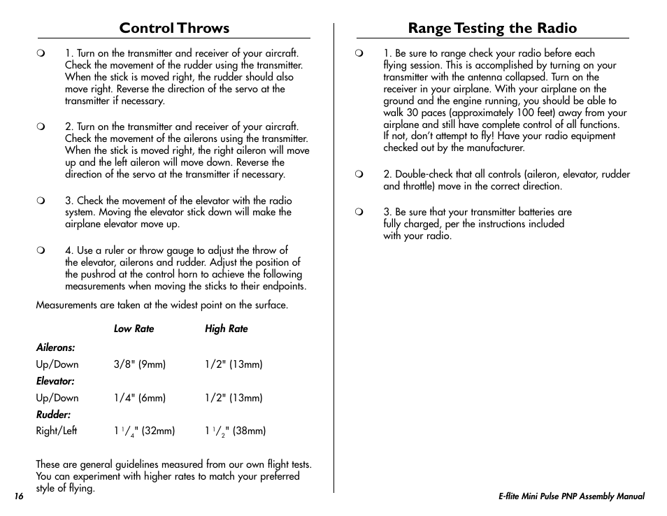 Control throws, Range testing the radio | E-flite Mini Pulse XT PNP User Manual | Page 16 / 20