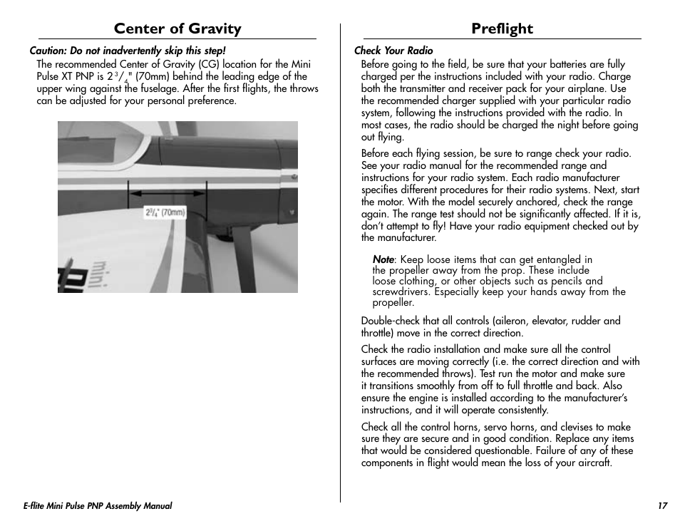 Center of gravity, Preflight | E-flite Mini Pulse XT PNP User Manual | Page 17 / 20