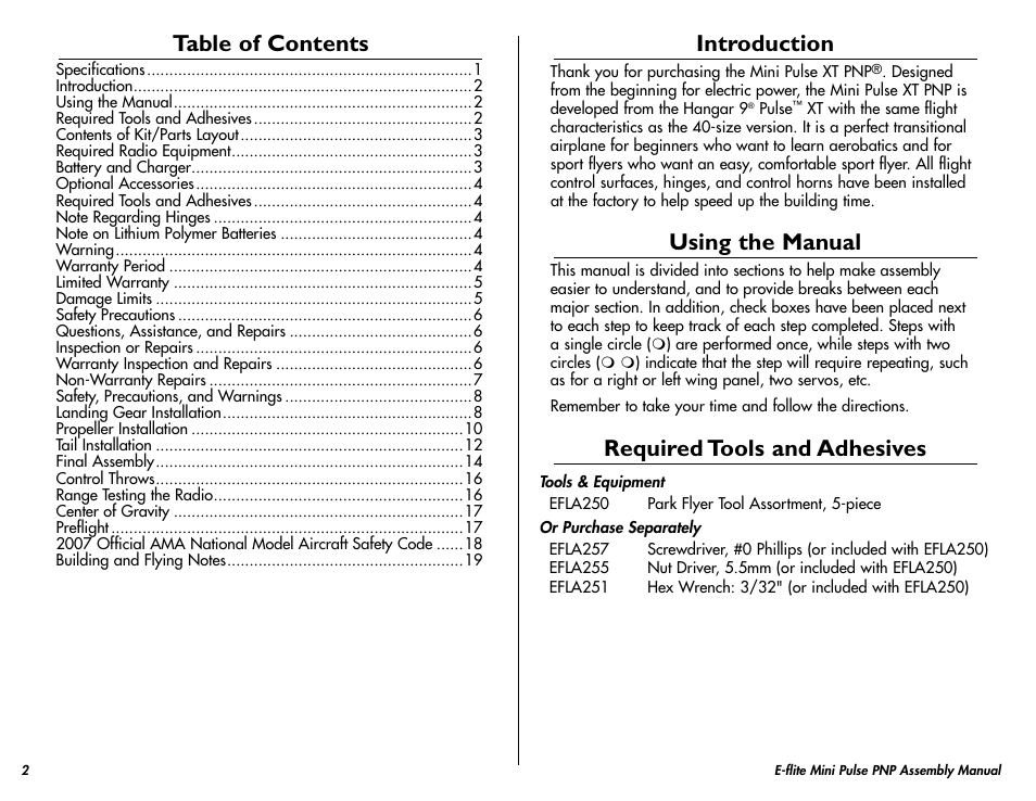 E-flite Mini Pulse XT PNP User Manual | Page 2 / 20