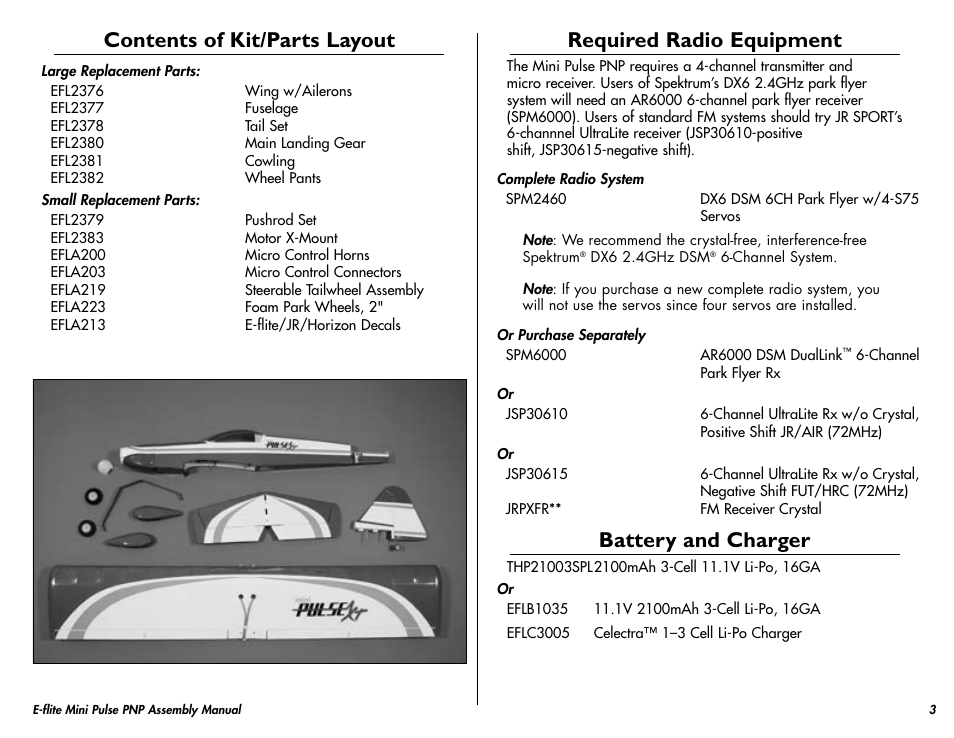 Contents of kit/parts layout, Required radio equipment, Battery and charger | E-flite Mini Pulse XT PNP User Manual | Page 3 / 20