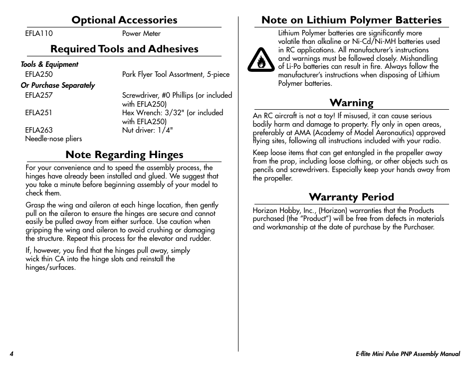 Optional accessories, Required tools and adhesives, Warning | Warranty period | E-flite Mini Pulse XT PNP User Manual | Page 4 / 20