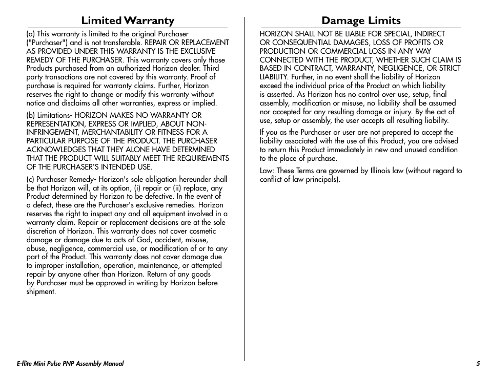 Limited warranty, Damage limits | E-flite Mini Pulse XT PNP User Manual | Page 5 / 20