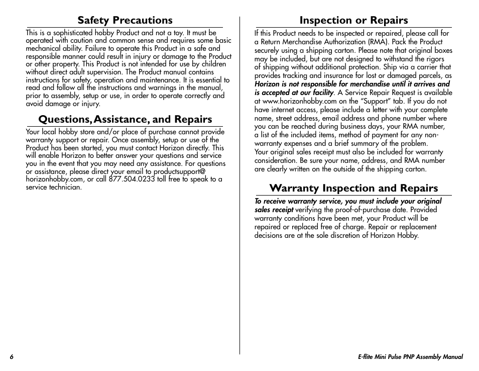 Safety precautions, Questions, assistance, and repairs, Inspection or repairs | Warranty inspection and repairs | E-flite Mini Pulse XT PNP User Manual | Page 6 / 20