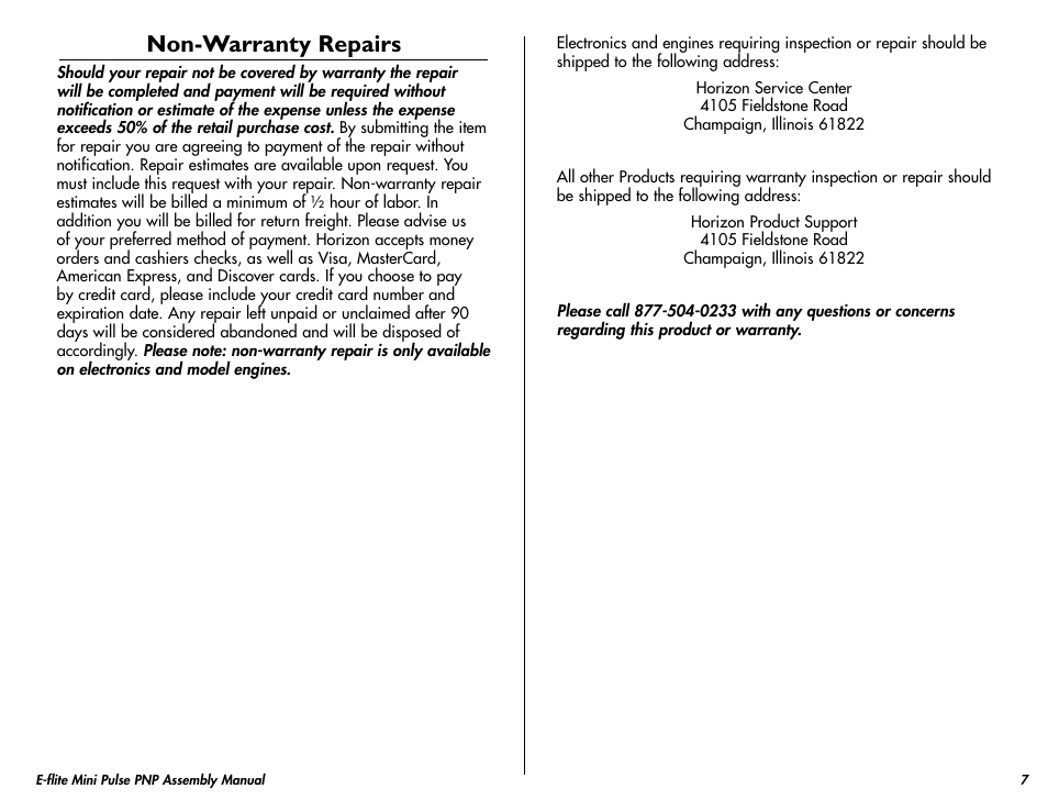 Non-warranty repairs | E-flite Mini Pulse XT PNP User Manual | Page 7 / 20